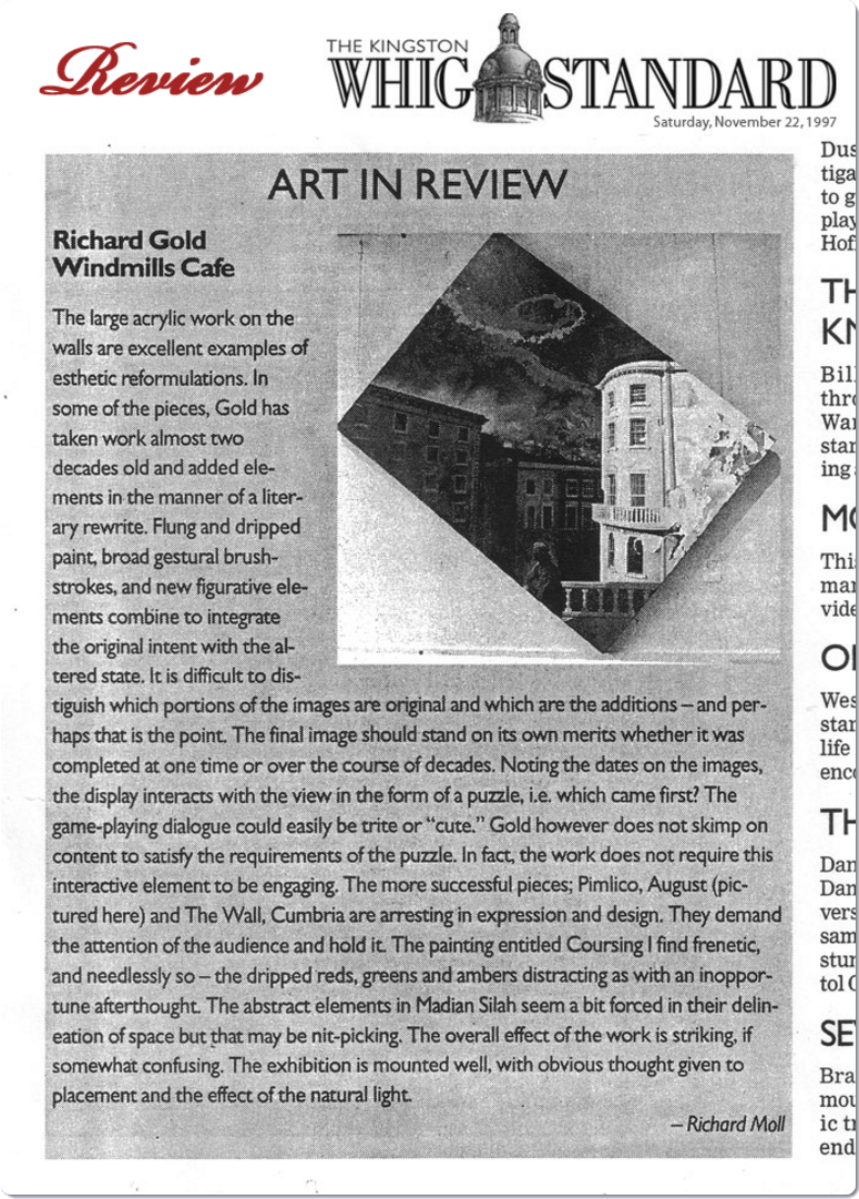 Newspaper article entitled "Art Review, Richard Gold, Windmills Cafe" by Richard Moll.